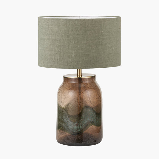 Valtellina Brown and Green Glass Table Lamp Base with Edward 35cm Pistachio Green Linen Cylinder Lampshade