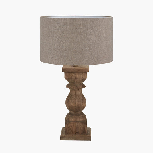 Kavya Antique Brown Turned Wood Table Lamp Base with Edward 45cm Natural Linen Cylinder Lampshade