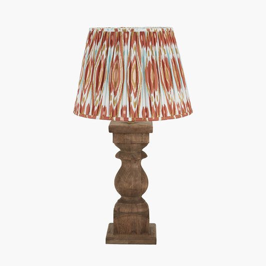 Kavya Antique Brown Turned Wood Table Lamp Base with Izara 45cm Cinnamon Ikat Patterned Mushroom Pleat Tapered Lampshade
