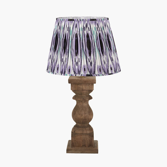 Kavya Antique Brown Turned Wood Table Lamp Base with Izara 45cm Lilac Ikat Patterned Mushroom Pleat Tapered Lampshade