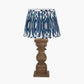 Kavya Antique Brown Turned Wood Table Lamp Base with Izara 45cm Ocean Blue Ikat Patterned Mushroom Pleat Tapered Lampshade