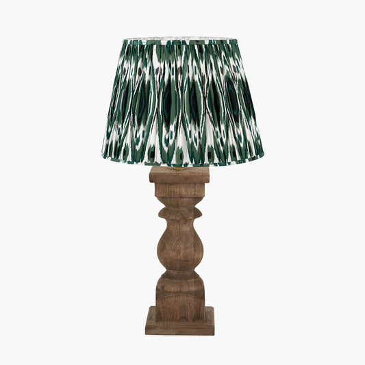 Kavya Antique Brown Turned Wood Table Lamp Base with Izara 45cm Racing Green Ikat Patterned Mushroom Pleat Tapered Lampshade