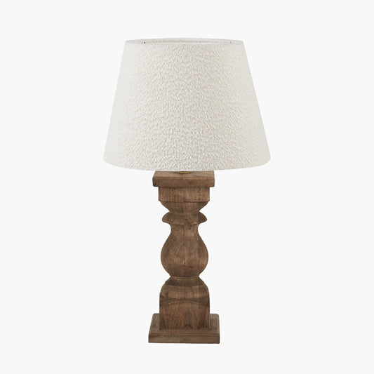 Kavya Antique Brown Turned Wood Table Lamp Base with Martigues 45cm White Boucle Tapered Lampshade