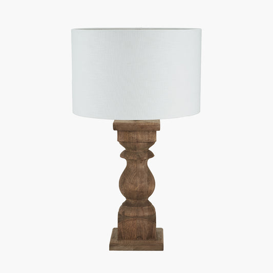 Kavya Antique Brown Turned Wood Table Lamp Base with Lino 45cm White Self Lined Linen Cylinder Lampshade