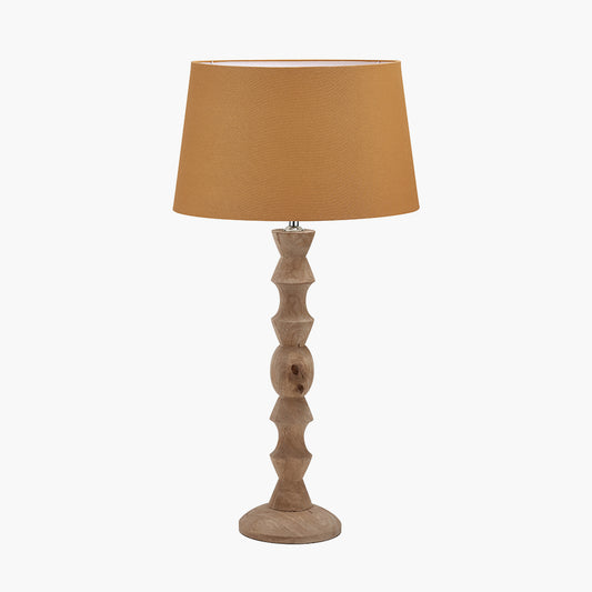 Ayra Natural Modernist Large Turned Wood Table Lamp Base with Winston 40cm Mustard Handloom Tapered Lampshade