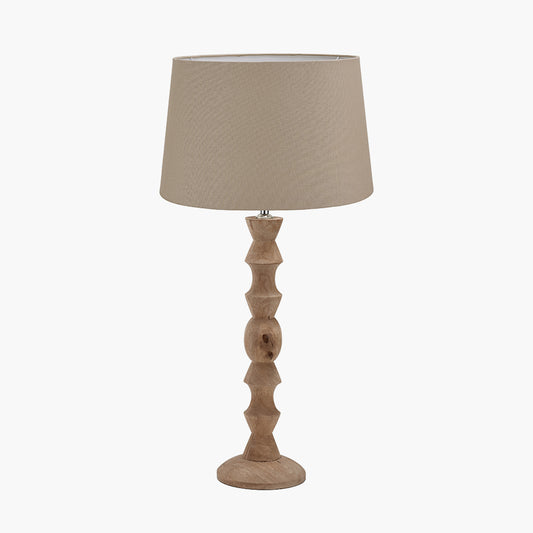 Ayra Natural Modernist Large Turned Wood Table Lamp Base with Winston 40cm Taupe Handloom Tapered Lampshade