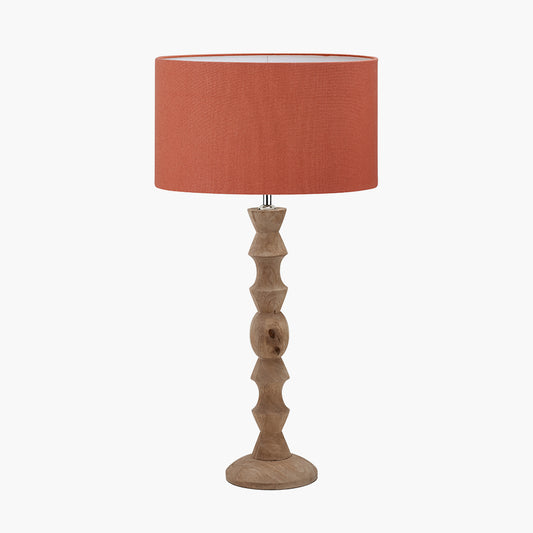 Ayra Natural Modernist Large Turned Wood Table Lamp Base with Henry 40cm Tobacco Handloom Cylinder Lampshade