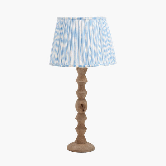 Ayra Natural Modernist Large Turned Wood Table Lamp Base with Thiago 40cm Ocean Blue Stripe Mushroom Pleat Tapered Lampshade