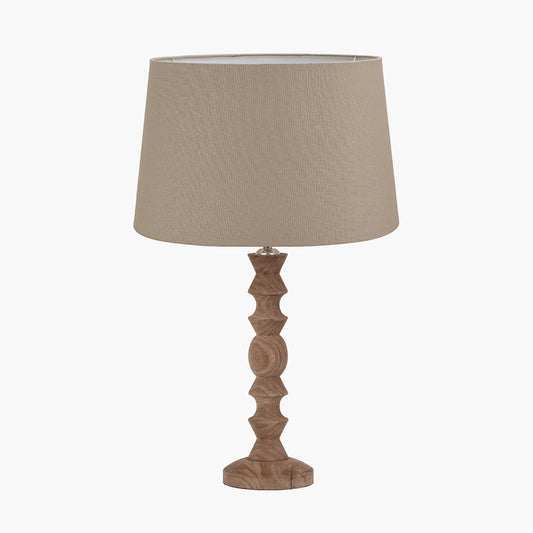 Ayra Natural Modernist Turned Wood Table Lamp Base with Winston 35cm Taupe Handloom Tapered Lampshade