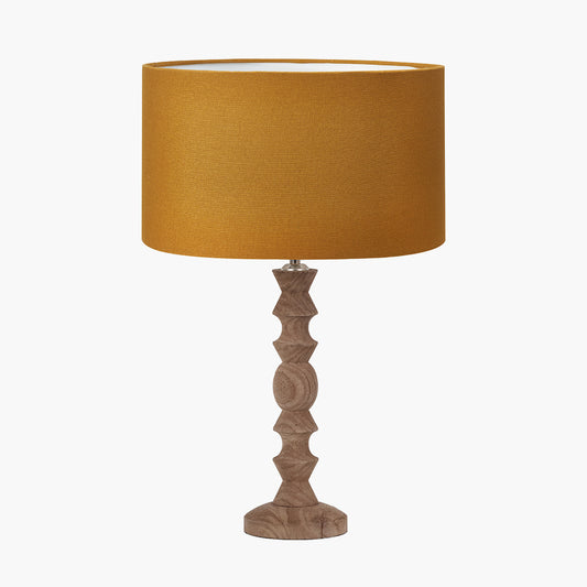 Ayra Natural Modernist Turned Wood Table Lamp Base with Henry 35cm Mustard Handloom Cylinder Lampshade