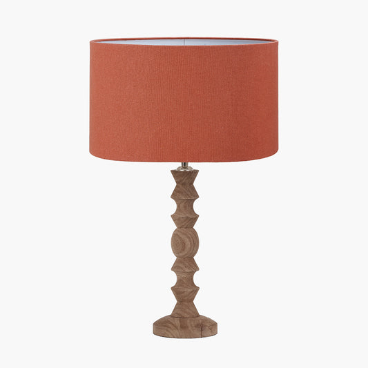Ayra Natural Modernist Turned Wood Table Lamp Base with Henry 35cm Tobacco Handloom Cylinder Lampshade