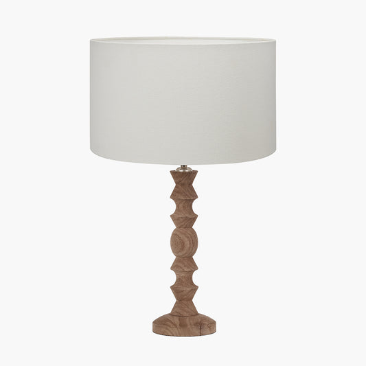 Ayra Natural Modernist Turned Wood Table Lamp Base with Henry 35cm White Handloom Cylinder Lampshade