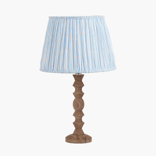 Ayra Natural Modernist Turned Wood Table Lamp Base with Thiago 35cm Ocean Blue Stripe Mushroom Pleat Tapered Lampshade