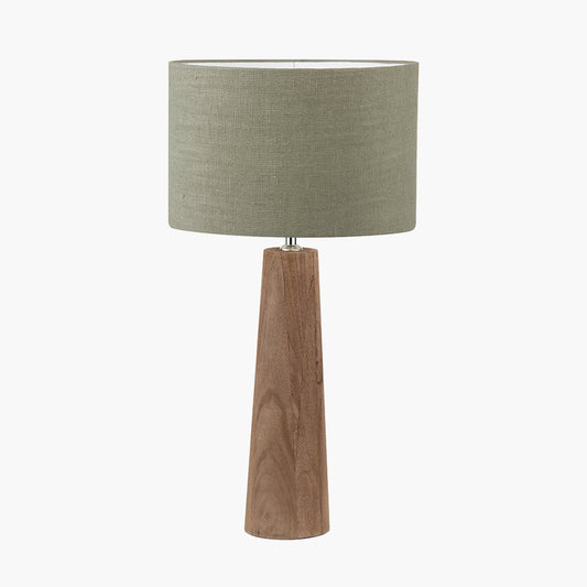 Esha Natural Conical Wood Table Lamp Base with Edward 35cm Pistachio Green Linen Cylinder Lampshade
