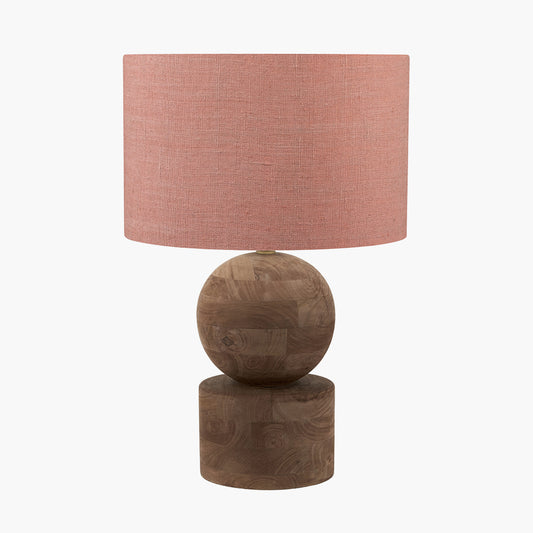 Ziva Antique Brown Round Wood Table Lamp Base with Edward 45cm Apricot Linen Cylinder Lampshade