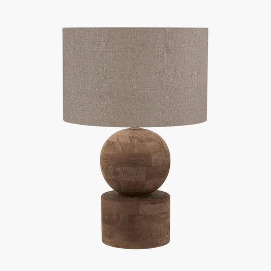 Ziva Antique Brown Round Wood Table Lamp Base with Edward 45cm Natural Linen Cylinder Lampshade
