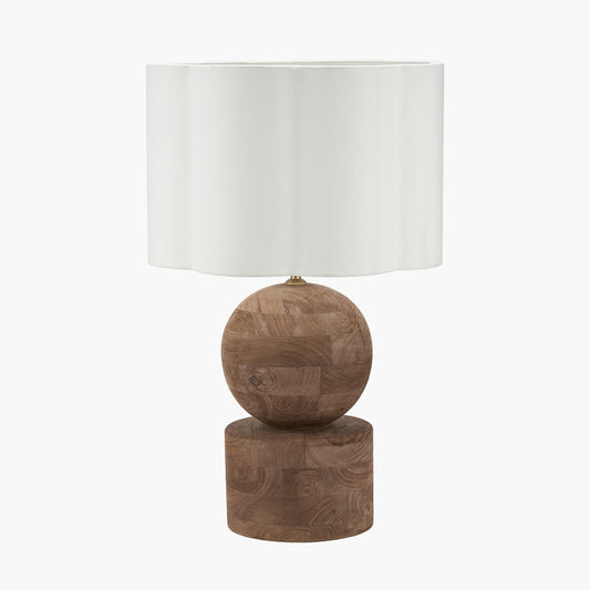 Ziva Antique Brown Round Wood Table Lamp Base with Bloom 45cm White Handloom Scalloped Cylinder Lampshade