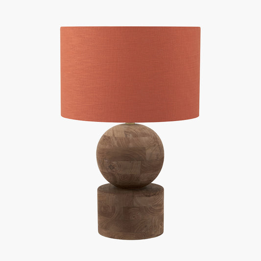 Ziva Antique Brown Round Wood Table Lamp Base with Lino 45cm Cinnamon Self Lined Linen Cylinder Lampshade