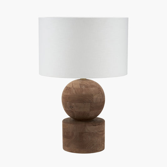 Ziva Antique Brown Round Wood Table Lamp Base with Lino 45cm White Self Lined Linen Cylinder Lampshade
