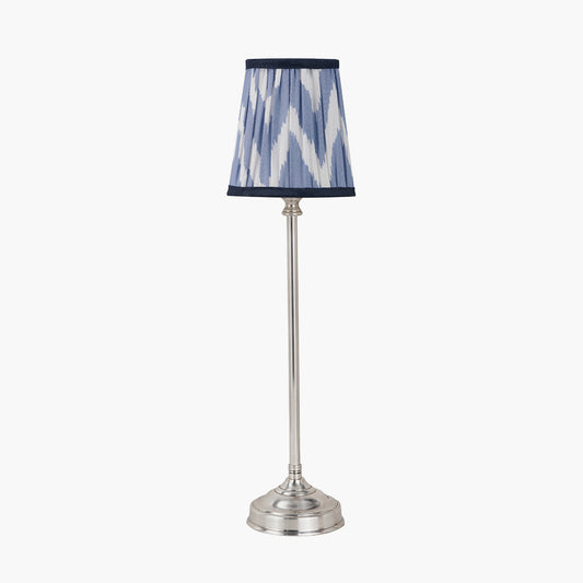 Auden Silver Metal Stick Table Lamp Base with Kamilah 14cm Blue Chevron Patterned Mushroom Pleat Tall Tapered Candle Clip Lampshade