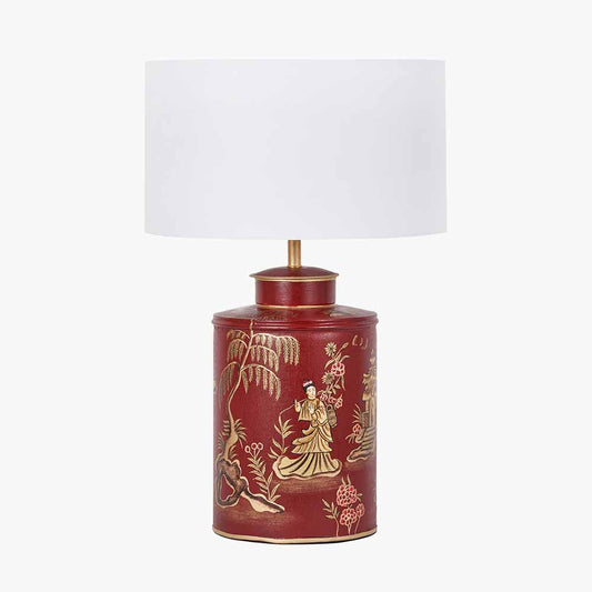 Landscape Red Hand Painted Metal Table Lamp Base with Harry 35cm Ivory Cotton Mix Cylinder Lampshade