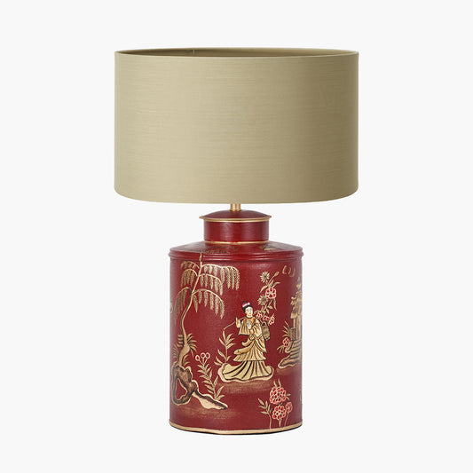 Landscape Red Hand Painted Metal Table Lamp Base with Harry 35cm Taupe Cotton Mix Cylinder Lampshade