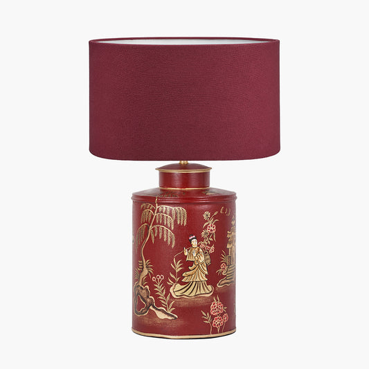 Landscape Red Hand Painted Metal Table Lamp Base with Henry 35cm Mulberry Handloom Cylinder Lampshade
