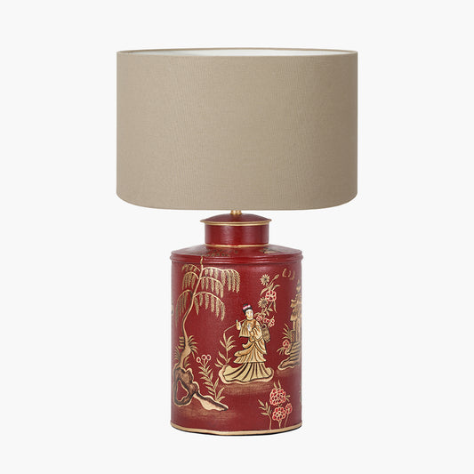 Landscape Red Hand Painted Metal Table Lamp Base with Henry 35cm Taupe Handloom Cylinder Lampshade