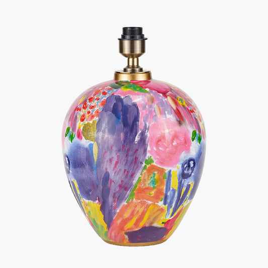 Matisse Multi Colour Ceramic Urn Table Lamp Base with Bloom 40cm White Handloom Scalloped Cylinder Lampshade