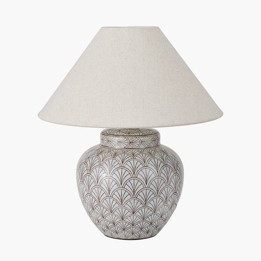 Barbier White Art Deco Fan Ceramic Table Lamp Base with Harley 45cm Slubby Hopsack Empire Lampshade