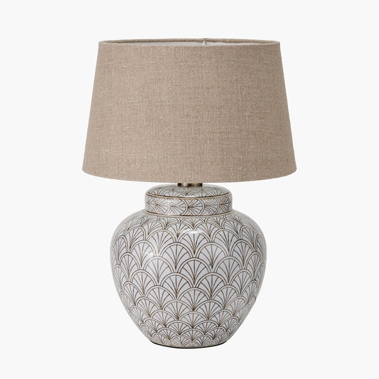 Barbier White Art Deco Fan Ceramic Table Lamp Base with Milos 35cm Natural Linen Tapered Lampshade
