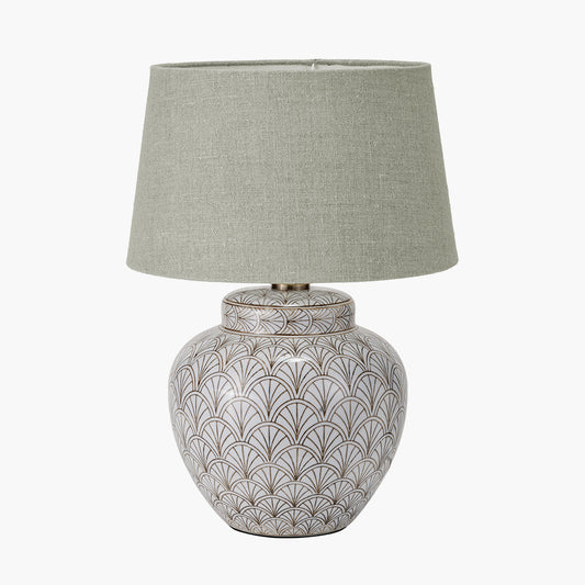 Barbier White Art Deco Fan Ceramic Table Lamp Base with Milos 35cm Pistachio Green Linen Tapered Lampshade