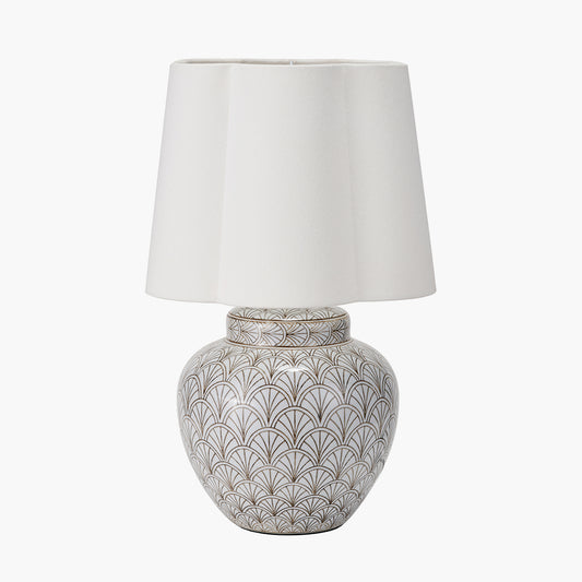 Barbier White Art Deco Fan Ceramic Table Lamp Base with Posy 35cm White Handloom Scalloped Tapered Lampshade