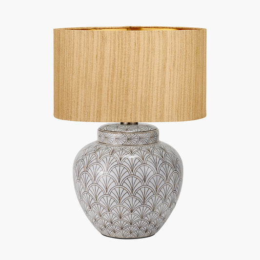 Barbier White Art Deco Fan Ceramic Table Lamp Base with Stellan 35cm Gold Slubbed Silk Mix Gold Lined Cylinder Lampshade