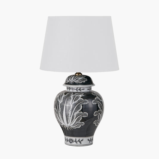 Asteria Black and White Feather Ceramic Urn Table Lamp Base with Adelaide 40cm Ivory Tapered Cotton Mix Lampshade