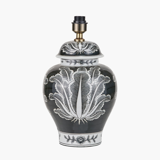 Asteria Black and White Feather Ceramic Urn Table Lamp Base with Henry 40cm Grey Handloom Cylinder Lampshade
