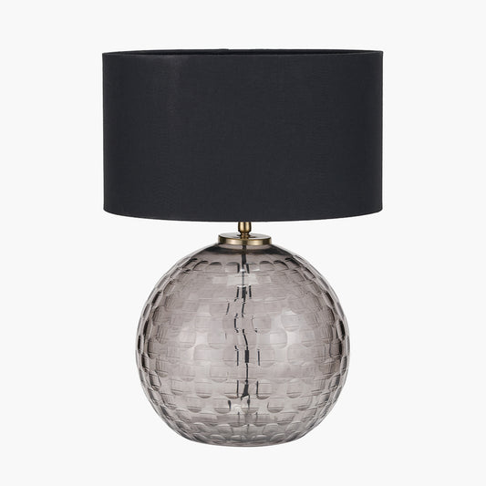 Camille Smoke Grey Circle Design Handcut Glass Table Lamp Base with Harry 30cm Black Cotton Mix Cylinder Lampshade