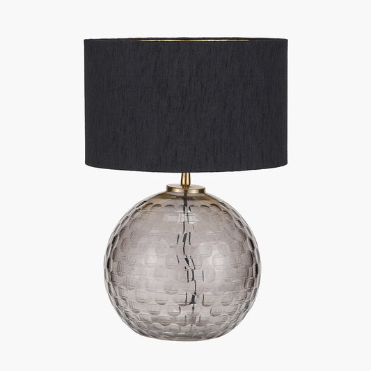 Camille Smoke Grey Circle Design Handcut Glass Table Lamp Base with Stellan 30cm Black Slubbed Silk Mix Gold Lined Cylinder Lampshade