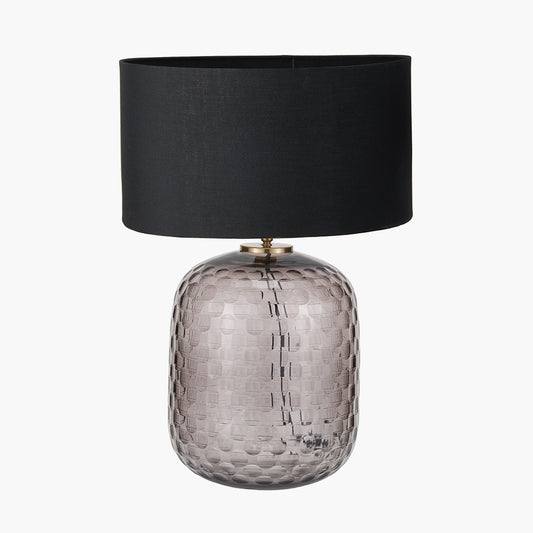 Camille Large Smoke Grey Circle Design Handcut Glass Table Lamp Base with Harry 35cm Black Cotton Mix Cylinder Lampshade