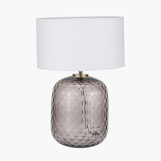 Camille Large Smoke Grey Circle Design Handcut Glass Table Lamp Base with Harry 35cm Ivory Cotton Mix Cylinder Lampshade
