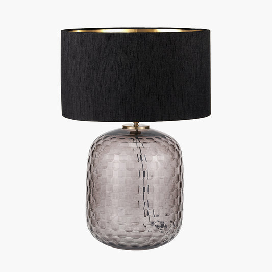 Camille Large Smoke Grey Circle Design Handcut Glass Table Lamp Base with Stellan 35cm Black Slubbed  Silk Mix Gold Lined Cylinder Lampshade