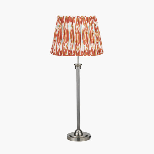 Salvatore Antique Silver Metal Table Lamp Base with Izara 35cm Cinnamon Ikat Patterned Mushroom Pleat Tapered Lampshade