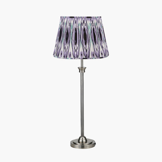 Salvatore Antique Silver Metal Table Lamp Base with Izara 35cm Lilac Ikat Patterned Mushroom Pleat Tapered Lampshade