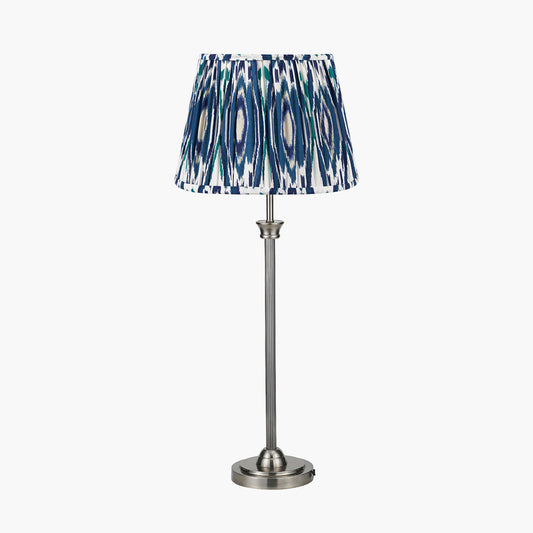 Salvatore Antique Silver Metal Table Lamp Base with Izara 35cm Ocean Blue Ikat Patterned Mushroom Pleat Tapered Lampshade