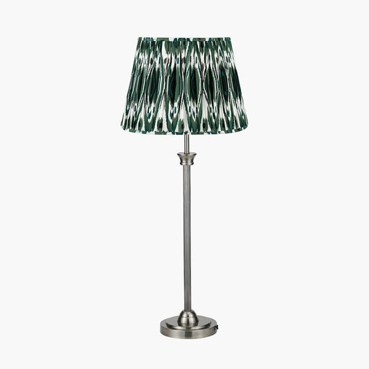 Salvatore Antique Silver Metal Table Lamp Base with Izara 35cm Racing Green Ikat Patterned Mushroom Pleat Tapered Lampshade