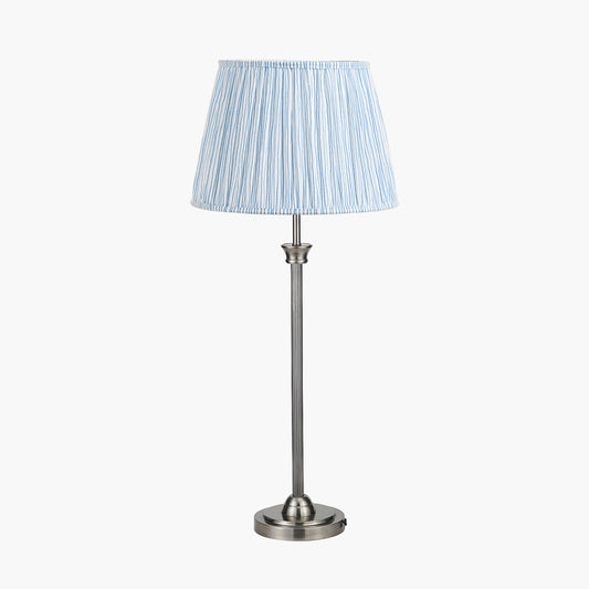 Salvatore Antique Silver Metal Table Lamp Base with Thiago 35cm Ocean Blue Stripe Mushroom Pleat Tapered Lampshade