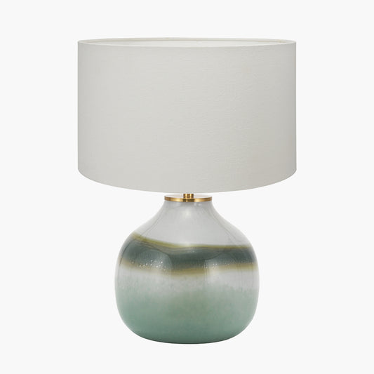 Juno Sage and Mist Ombre Glass Table Lamp with Henry 30cm White Handloom Cylinder Lampshade