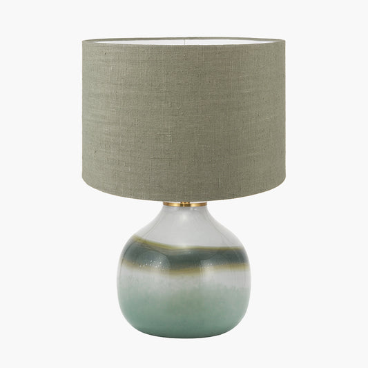 Juno Sage and Mist Ombre Glass Table Lamp with Edward 30cm Pistachio Green Linen Cylinder Lampshade