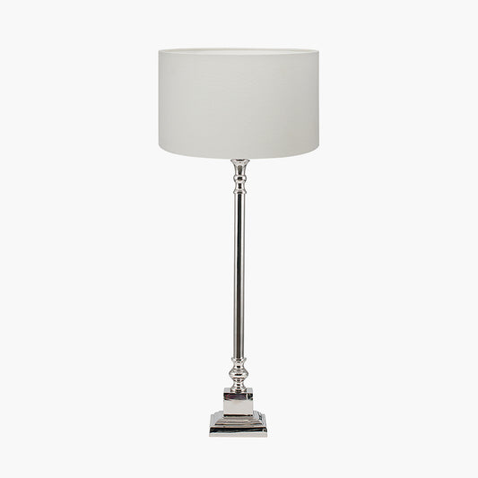 Claudius Nickel Metal Stick Table Lamp Base with Henry 30cm White Handloom Cylinder Lampshade