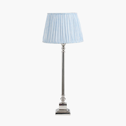 Claudius Nickel Metal Stick Table Lamp Base with Thiago 30cm Ocean Blue Stripe Mushroom Pleat Tapered Lampshade